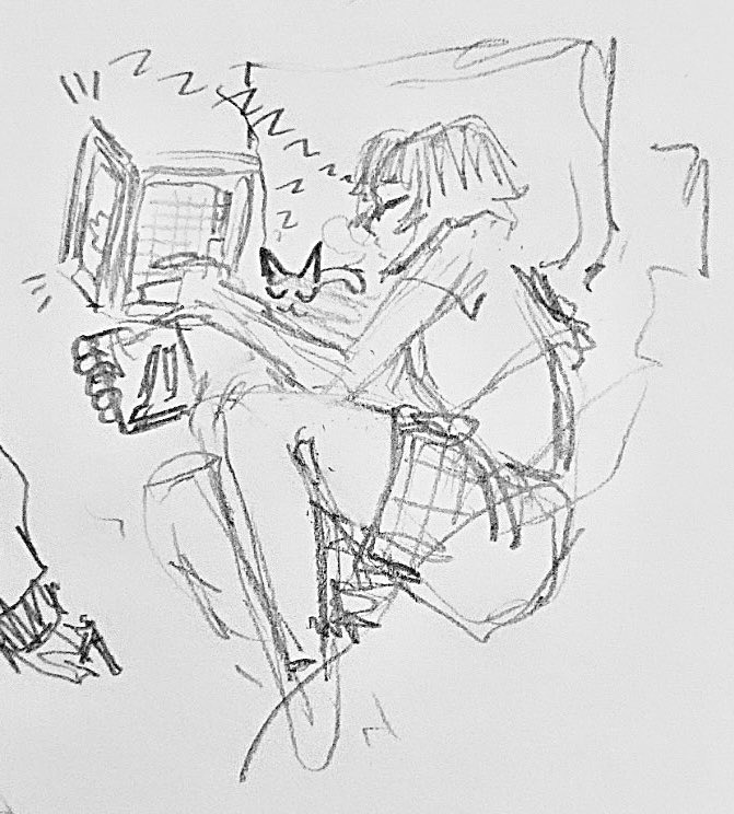 tiny sketch of me asleep on bed with laptop with my cat asleep next to me